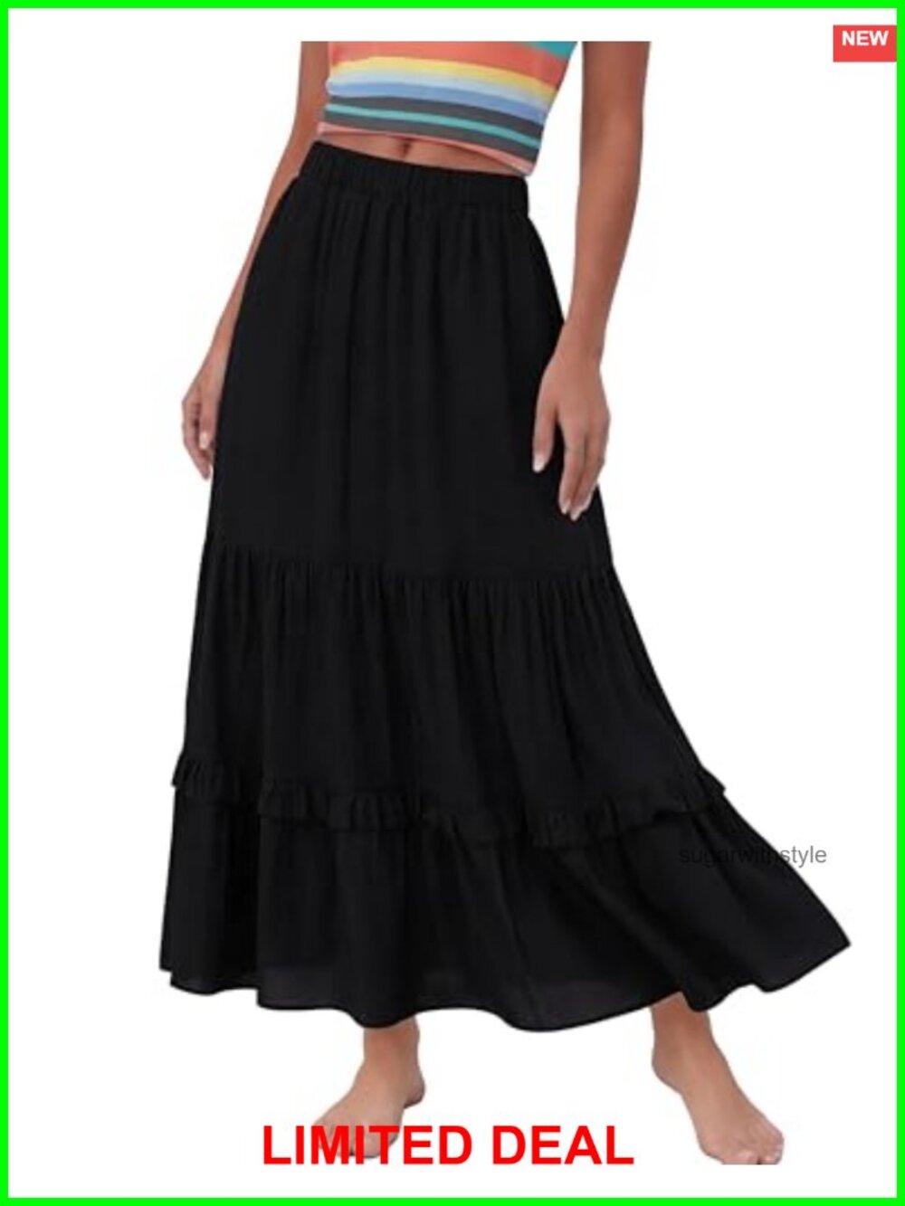 Elastic Waisted Ruffle Tiered A-Line Maxi Skirt